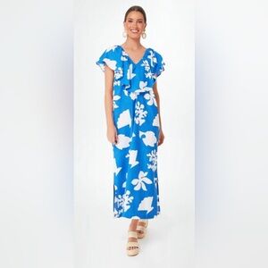 Tuckernuck Blue Floral Ruffle Neck Midi Dress Size Large